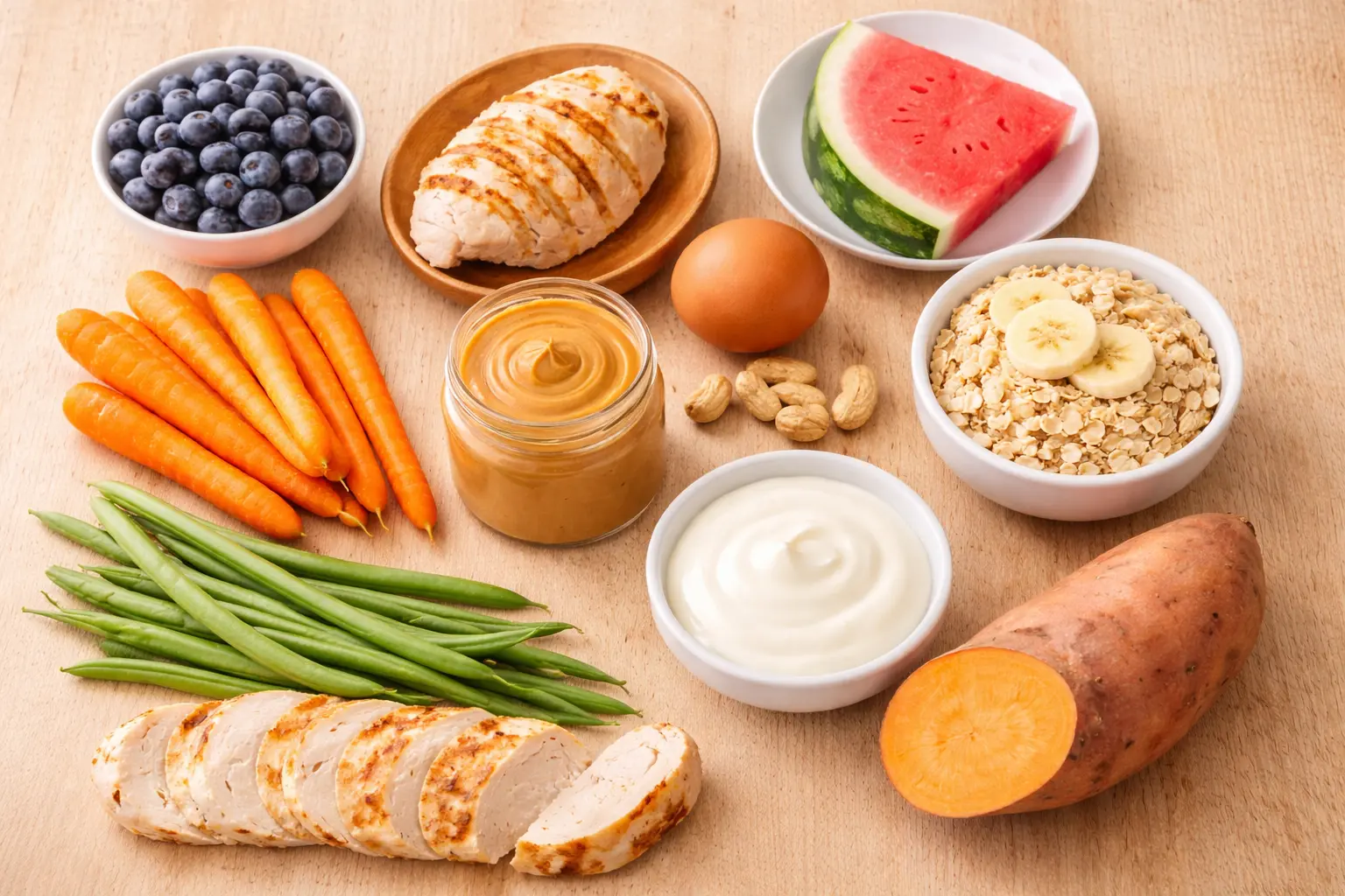 Bowls of dog-safe human foods including fruits, vegetables, and lean proteins